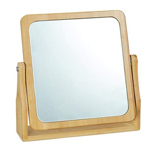 Relaxdays Specchio Trucco, Orientabile a 360°, Rettangolare, da Tavolo, per Truccarsi, HLP 27x26,5x7 cm, Bambù, legno