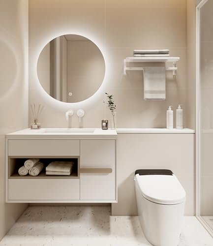 EMKE Specchio da bagno con illuminazione, rotondo, 60 cm, rotondo, LED con interruttore touch, dimmerabile, 6500 K, spegnimento automatico, 3 ore, specchio da bagno rotondo con illuminazione, IP44,