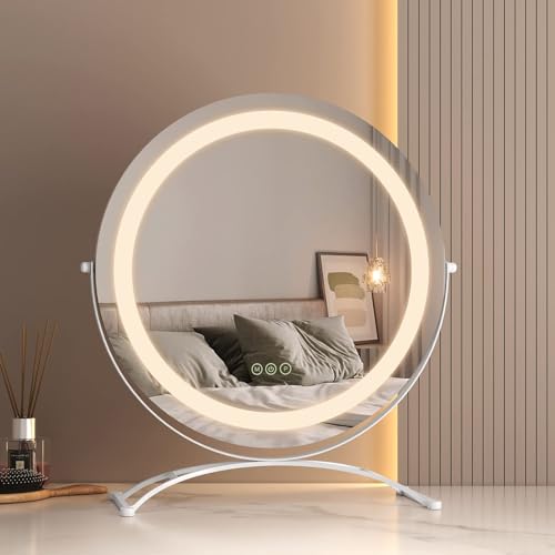 EMKE Hollywood Specchio con 3 colori chiari, Φ50 cm, specchio da trucco con illuminazione, Smart Touch con luce girevole a 360°, dimmerabile e con funzione di memoria, bianco