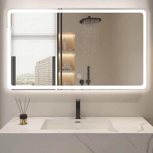 Lechnical Specchio da bagno intelligente quadrato con luci a LED Specchio antiappannamento a parete Interruttore tattile luminoso Temperatura colore Regolazione continua regolabile IP44 Impermeabile