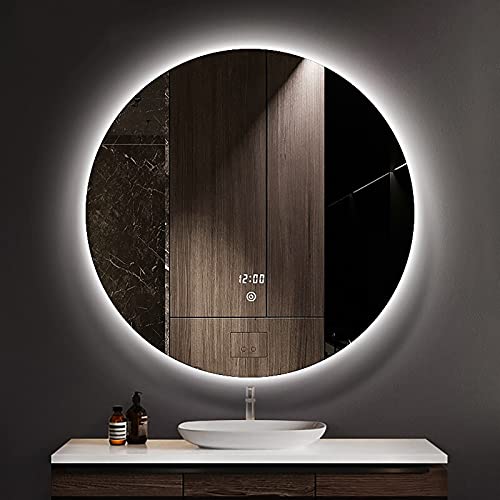 ObuMi Specchio da bagno rotondo illuminato antiappannamento Specchio da trucco intelligente per trucco da bagno, interruttore touch dimmerabile per cambio temperatura colore, IP65 (700 * 700mm)