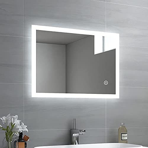 EMKE , Specchio da bagno a LED, 50 x 70 cm, luce bianca fredda, specchio da parete con interruttore touch IP44, a risparmio energetico, colore bianco freddo