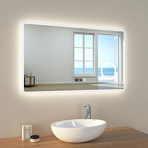 EMKE Specchio da bagno a LED, 100 x 60 cm, con illuminazione, 3 colori, 3000 – 6400 K, bianco freddo, neutro, bianco caldo, specchio da parete con interruttore touch con orologio IP44