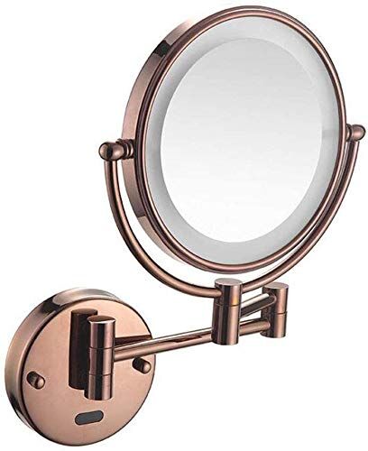 HAOCHIDIAN Specchio del bagno del LED, montaggio a parete, a 360 ° di rotazione, a doppia faccia, pieghevole, specchio cosmetico, retrattile, forma rotonda, in oro rosa,5x