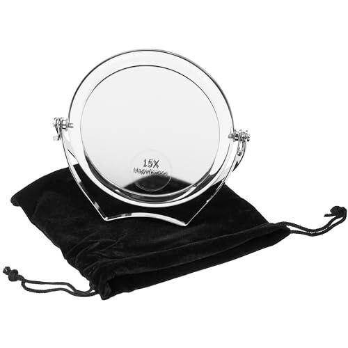 Fantasia Specchio da viaggio in acrilico con staffa in metallo, pieghevole, con ingrandimento 15x, specchio a mano in argento, con supporto Ø 10 cm, altezza 12 cm, con custodia regalo