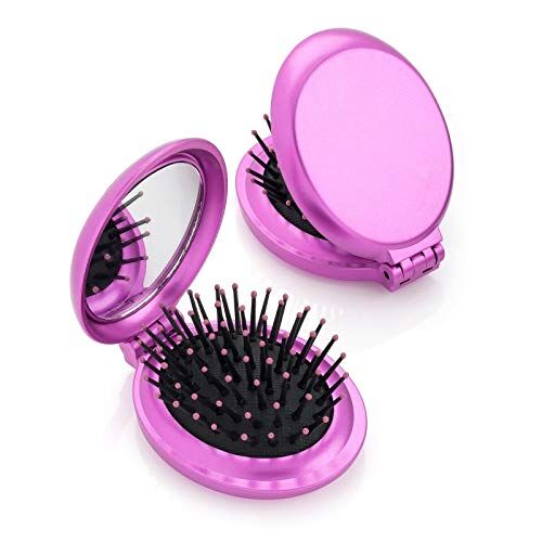 Creative 2 spazzole pieghevoli per capelli rosa da donna e ragazza con specchio compatto