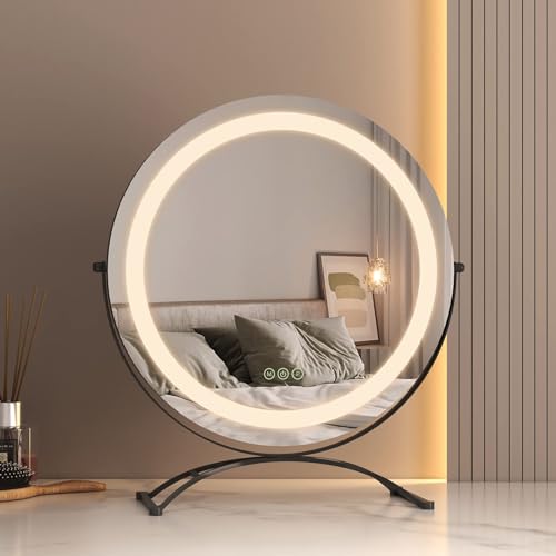 EMKE Hollywood Specchio con 3 colori chiari, Φ40 cm, specchio da trucco con illuminazione, Smart Touch con luce girevole a 360°, dimmerabile e con funzione di memoria, colore nero