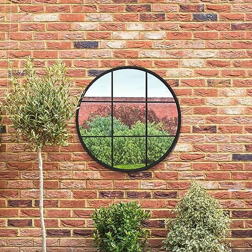 MirrorOutlet The Circulus Specchio da parete rotondo da giardino con cornice in metallo nero, moderno, 78,7 x 78,7 cm (80 cm x 80 cm) argento con supporto nero per tutte le condizioni atmosferiche.