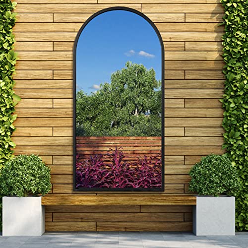 MirrorOutlet The Arcus Specchio da parete da giardino con cornice nera, 140 cm x 70 cm, in vetro argentato con supporto nero per tutte le stagioni.