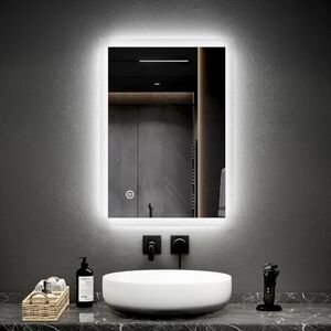 EMKE Specchio da bagno a LED, 50 x 70 cm, con illuminazione, 6500 K, bianco freddo, specchio da parete con interruttore touch + antiappannamento, IP44, risparmio energetico A++ EMKE Specchio da bagno a LED, 50 x 70 cm, con illuminazione, 6500 K, bianco freddo, specchio da parete con interruttore touch + antiappannamento, IP44, risparmio energetico A++