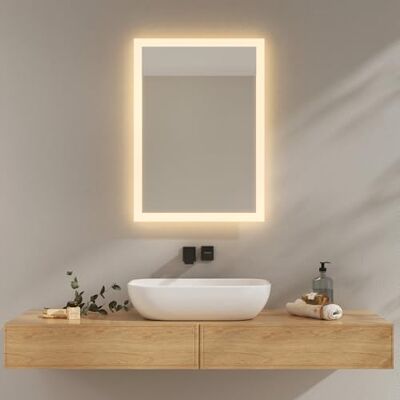 EMKE Specchio da bagno con illuminazione 70 x 50 cm, specchio bagno 3000 K, bianco caldo, interruttore a parete, installazione verticale/orizzontale, specchio anti-esplosione IP44, risparmio EMKE Specchio da bagno con illuminazione 70 x 50 cm, specchio bagno 3000 K, bianco caldo, interruttore a parete, installazione verticale/orizzontale, specchio anti-esplosione IP44, risparmio