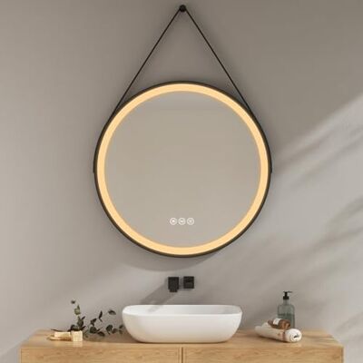 EMKE Specchio da bagno con illuminazione, 80 cm, rotondo, con 3 colori di luce, dimmerabile, anti-appannamento, funzione di memoria, touch, spegnimento automatico, 3 ore, a risparmio energetico EMKE Specchio da bagno con illuminazione, 80 cm, rotondo, con 3 colori di luce, dimmerabile, anti-appannamento, funzione di memoria, touch, spegnimento automatico, 3 ore, a risparmio energetico