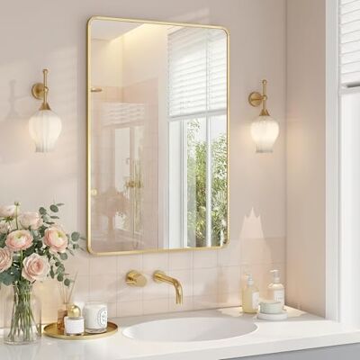 SONGMICS Specchio Bagno, Specchio da Parete, Rettangolare, Cornice in Alluminio, 91 x 61 cm, Pellicola di Sicurezza, 2 Opzioni di Sospensione, Soggiorno Camera da Letto, Oro Pallido SONGMICS Specchio Bagno, Specchio da Parete, Rettangolare, Cornice in Alluminio, 91 x 61 cm, Pellicola di Sicurezza, 2 Opzioni di Sospensione, Soggiorno Camera da Letto, Oro Pallido