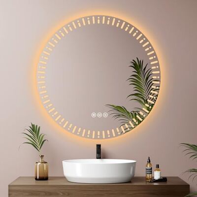 EMKE Specchio da bagno rotondo retroilluminato a LED, diametro 70 cm, con antiappannamento+interruttore a sfioramento+3 colori di luce variabili, specchio decorativo rotondo alla moda EMKE Specchio da bagno rotondo retroilluminato a LED, diametro 70 cm, con antiappannamento+interruttore a sfioramento+3 colori di luce variabili, specchio decorativo rotondo alla moda