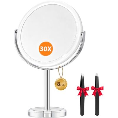 Auxmir Specchio Ingranditore 8" 30X/1X, Specchio Trucco da Tavolo Bifacciale, Specchio da Bagno Rotazione a 360︒ Stile Retrò, Supporto Cromato, Bordo e Piedistallo Trasparente Auxmir Specchio Ingranditore 8" 30X/1X, Specchio Trucco da Tavolo Bifacciale, Specchio da Bagno Rotazione a 360︒ Stile Retrò, Supporto Cromato, Bordo e Piedistallo Trasparente