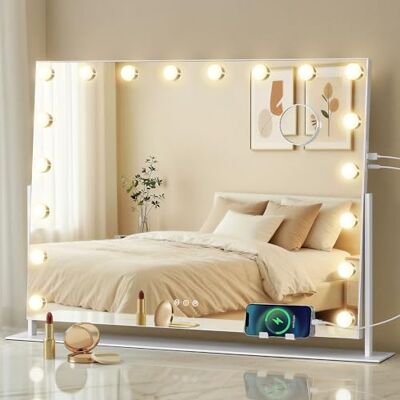 SONGMICS Specchio da Trucco con Luci, Controllo Touch, 18 LED Dimmerabili, Porte di Ricarica, 3 Temperature Colore, Supporto Telefono, 80 x 60 cm, Bianco Opaco LWM003WC02 SONGMICS Specchio da Trucco con Luci, Controllo Touch, 18 LED Dimmerabili, Porte di Ricarica, 3 Temperature Colore, Supporto Telefono, 80 x 60 cm, Bianco Opaco LWM003WC02