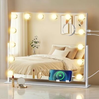 SONGMICS Specchio da Trucco con Luci, Controllo Touch, 14 LED Dimmerabili, Porte di Ricarica, 3 Temperature Colore, Supporto Telefono, 50 x 42 cm, Bianco Opaco SONGMICS Specchio da Trucco con Luci, Controllo Touch, 14 LED Dimmerabili, Porte di Ricarica, 3 Temperature Colore, Supporto Telefono, 50 x 42 cm, Bianco Opaco