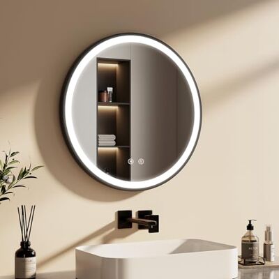 EMKE Specchio bagno rotondo 60 cm, specchio rotondo con interruttore tattile e funzione antiappannamento, luce bianca 6500K,specchio tondo bagno cornice nera e tracolla regolabile EMKE Specchio bagno rotondo 60 cm, specchio rotondo con interruttore tattile e funzione antiappannamento, luce bianca 6500K,specchio tondo bagno cornice nera e tracolla regolabile