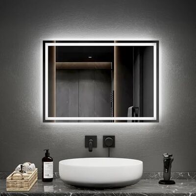 EMKE Specchio da bagno con illuminazione 50 x 70 cm, specchio da bagno con interruttore a levetta + antiappannamento+2 colori luce bianco caldo/bianco freddo, orizzontale/verticale LED specchio da EMKE Specchio da bagno con illuminazione 50 x 70 cm, specchio da bagno con interruttore a levetta + antiappannamento+2 colori luce bianco caldo/bianco freddo, orizzontale/verticale LED specchio da