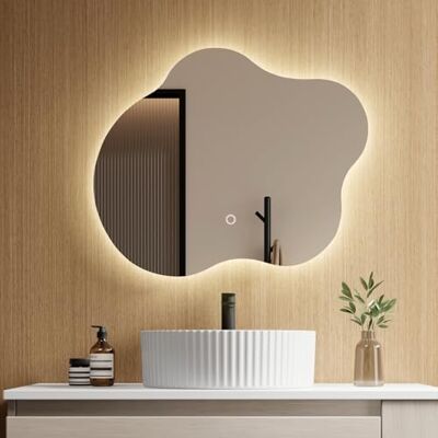 EMKE Specchio da bagno con illuminazione, 60 x 50 cm, asimmetrico con touch, 3 colori di luce, dimmerabile, senza appannamento, specchio da bagno con illuminazione IP44, risparmio energetico EMKE Specchio da bagno con illuminazione, 60 x 50 cm, asimmetrico con touch, 3 colori di luce, dimmerabile, senza appannamento, specchio da bagno con illuminazione IP44, risparmio energetico