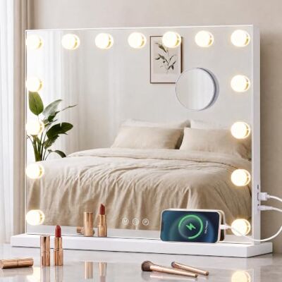 SONGMICS Specchio Trucco con Luci, 15 LED Dimmerabili, 3 Colori, Specchio Ingranditore 10x, Porte USB, da Tavolo o Parete, 48 x 58 x 5,7 cm, Bianco Opaco, Collezione BERIT SONGMICS Specchio Trucco con Luci, 15 LED Dimmerabili, 3 Colori, Specchio Ingranditore 10x, Porte USB, da Tavolo o Parete, 48 x 58 x 5,7 cm, Bianco Opaco, Collezione BERIT