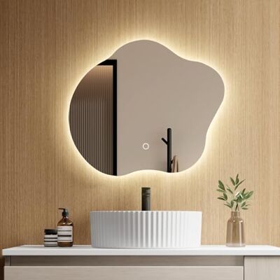 EMKE Specchio da bagno con illuminazione, 50 x 45 cm, specchio asimmetrico con touch, 3 colori di luce, dimmerabile, senza appannamento, specchio da bagno con illuminazione IP44, risparmio energetico EMKE Specchio da bagno con illuminazione, 50 x 45 cm, specchio asimmetrico con touch, 3 colori di luce, dimmerabile, senza appannamento, specchio da bagno con illuminazione IP44, risparmio energetico