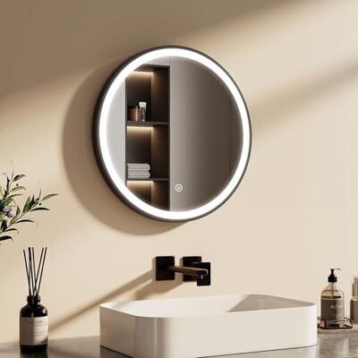 EMKE Specchio Bagno Rotondo con Luce 50 cm, Specchio Bagno LED Cornice Nera con Interruttore Tattile Luce Bianca Fredda 6500K (Tipo 3) EMKE Specchio Bagno Rotondo con Luce 50 cm, Specchio Bagno LED Cornice Nera con Interruttore Tattile Luce Bianca Fredda 6500K (Tipo 3)