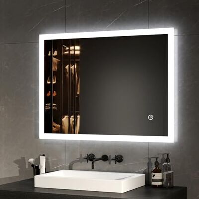 EMKE Specchio da bagno, specchio a LED, 90 x 70 cm, specchio da bagno rettangolare con interruttore tattile, anti-appannamento, luce bianca fredda EMKE Specchio da bagno, specchio a LED, 90 x 70 cm, specchio da bagno rettangolare con interruttore tattile, anti-appannamento, luce bianca fredda