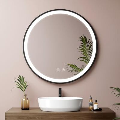 EMKE Specchio da bagno rotondo 70 cm, specchio rotondo bagno con interruttore tattile e funzione anti-appannamento, luce bianca 6500 K, telaio nero e tracolla regolabile EMKE Specchio da bagno rotondo 70 cm, specchio rotondo bagno con interruttore tattile e funzione anti-appannamento, luce bianca 6500 K, telaio nero e tracolla regolabile