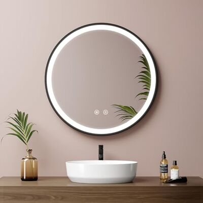 EMKE Specchio da bagno rotondo 50 cm, specchio rotondo da parete con luce, interruttore tattile e funzione anti-appannamento, luce bianca fredda 6500 K, cornice nera e cinturino regolabile EMKE Specchio da bagno rotondo 50 cm, specchio rotondo da parete con luce, interruttore tattile e funzione anti-appannamento, luce bianca fredda 6500 K, cornice nera e cinturino regolabile