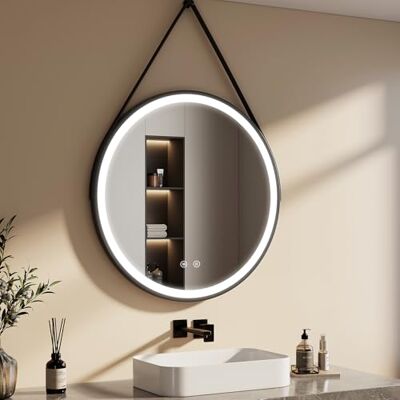 EMKE Specchio bagno rotondo 80 cm, specchio rotondo con interruttore tattile e funzione antiappannamento, luce bianca 6500K,specchio tondo bagno cornice nera e tracolla regolabile EMKE Specchio bagno rotondo 80 cm, specchio rotondo con interruttore tattile e funzione antiappannamento, luce bianca 6500K,specchio tondo bagno cornice nera e tracolla regolabile