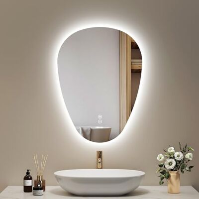 EMKE Specchio da bagno con illuminazione, 70 x 50 cm, specchio asimmetrico con touch, 3 colori di luce, dimmerabile, senza appannamento, specchio da bagno con illuminazione IP44, risparmio energetico EMKE Specchio da bagno con illuminazione, 70 x 50 cm, specchio asimmetrico con touch, 3 colori di luce, dimmerabile, senza appannamento, specchio da bagno con illuminazione IP44, risparmio energetico