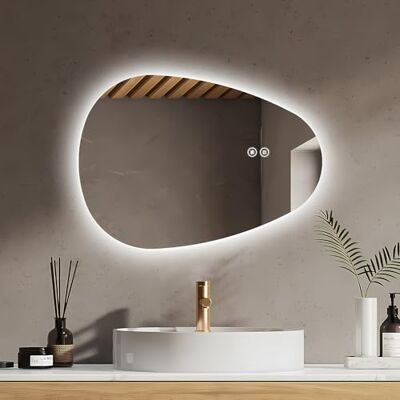 EMKE Specchio da bagno con illuminazione, asimmetrico, 60 x 45 cm, con interruttore touch, 3 colori di luce dimmerabili, antiappannamento, IP44, a risparmio energetico EMKE Specchio da bagno con illuminazione, asimmetrico, 60 x 45 cm, con interruttore touch, 3 colori di luce dimmerabili, antiappannamento, IP44, a risparmio energetico