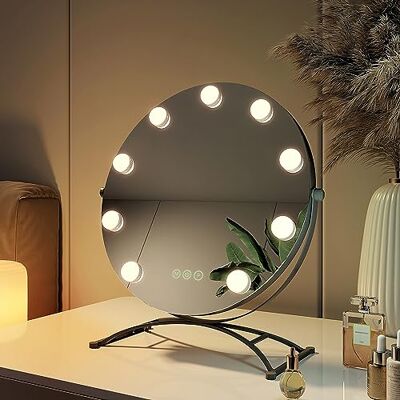 EMKE Hollywood Specchio rotondo 40 cm con 3 colori di luce, dimmerabile, specchio da trucco con illuminazione, girevole a 360° con 9 lampadine LED, funzione di memoria, specchio per trucco, colore EMKE Hollywood Specchio rotondo 40 cm con 3 colori di luce, dimmerabile, specchio da trucco con illuminazione, girevole a 360° con 9 lampadine LED, funzione di memoria, specchio per trucco, colore