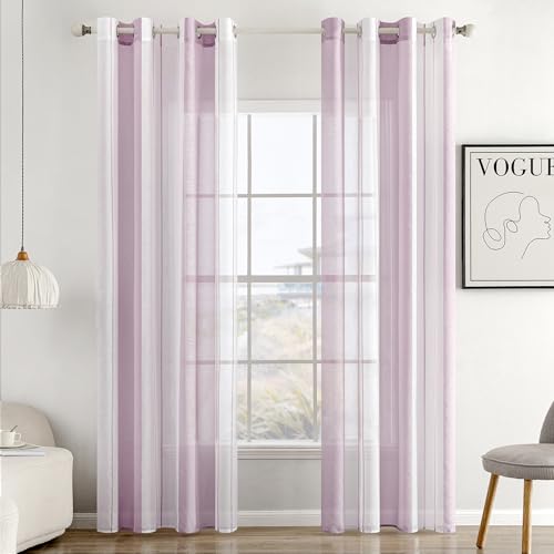 MIULEE Tende a Righe per Interni, Tende Trasparenti in Voile Tende Camera da Letto, Tenda Salotto Moderne con Anelli, Tenda a Pannello da Interno Finestra a Righe Bianche e Lavanda, 2x 140x225 CM