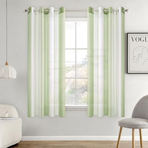 MIULEE Tende a Righe per Interni, Tende Trasparenti in Voile Tende Camera da Letto, Tenda Salotto Moderne con Anelli, Tenda a Pannello da Interno Finestra a Righe Bianche e Verde Chiaro, 2x 140x160 CM