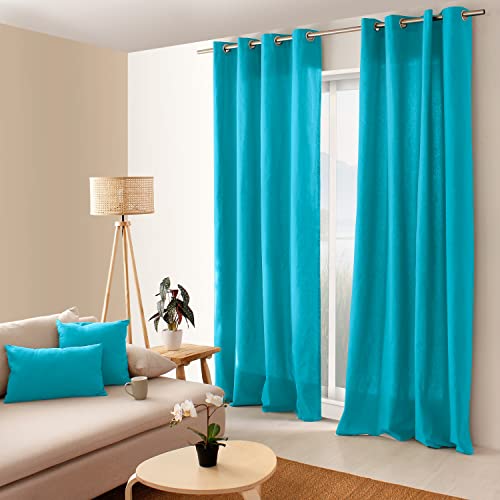 Enjoy Home , Tenda in cotone certificato Oeko Tex con 8 occhielli in metallo cromato, diametro 4 cm, 135 x 240 cm, turchese, collezione Panama, pronta da appendere, lavabile a 30 gradi, per tutte le