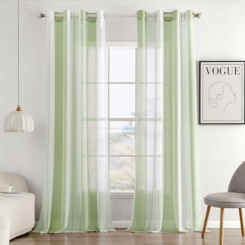 MIULEE Tende a Righe per Interni, Tende Trasparenti in Voile Tende Camera da Letto, Tenda Salotto Moderne con Anelli, Tenda a Pannello da Interno Finestra a Righe Bianche e Verde Chiaro, 2x 140x245 CM