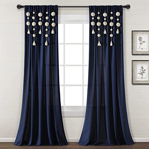 Lush Decor Tenda in lino con pompon Boho (pannello singolo), 241,3 x 132,1 cm, blu navy