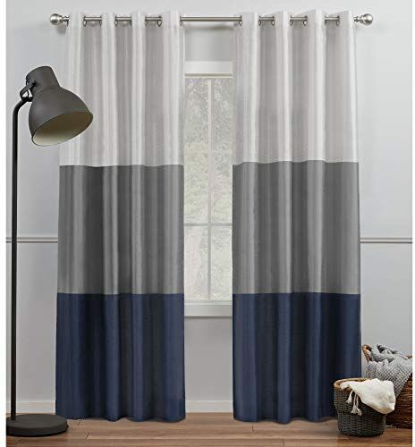 Exclusive Home Curtains Coppia di tende a pannello a righe in finta seta, con occhielli, 100% poliestere, blu navy/grigio, 137 x 213 cm