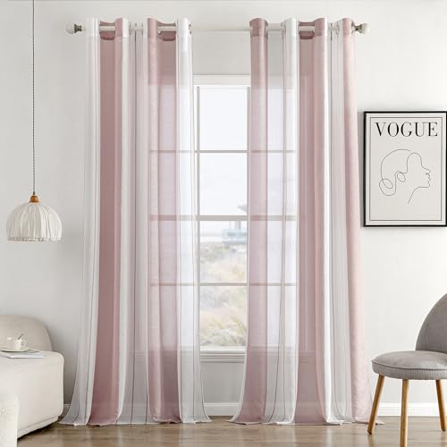 MIULEE Tende a Righe per Interni, Tende Trasparenti in Voile Tende Camera da Letto, Tenda Salotto Moderne con Anelli, Tenda a Pannello da Interno Finestra a Righe Bianche e Rosa, 2x 140x245 CM