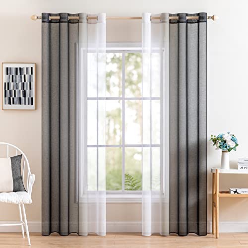 MIULEE Tende Voile in Poliestere Trasparenti Occhielli Sfumato per Soggiorno Camera da Letto Bagno Cucina Camera da Bambino Tenda Finestra Balcone Casa con 2 Pannelli 140X175CM Nero