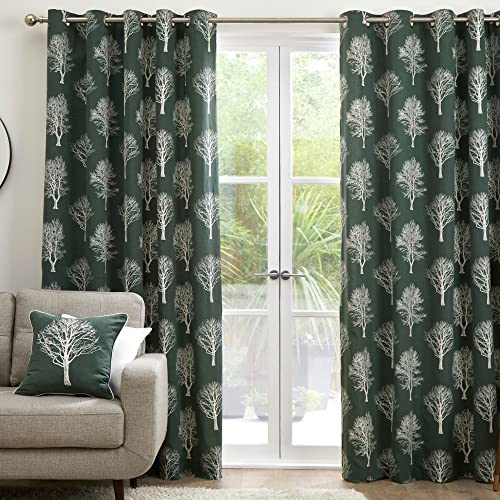 Fusion Alberi dei boschi Coppia di tende con occhielli in 100% cotone, 168 x 137 cm, colore: verde