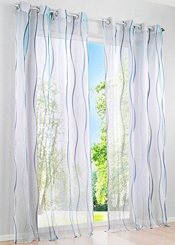 Gardinenbox Tenda con occhielli in voile stampa Vienna trasparente, design a righe trasparenti, facile da pulire, 100% poliestere, 2 pezzi, altezza 245 x 140 cm, colore: blu