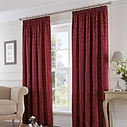 Fusion Eastbourne-Tende plissettate Foderate in Tessuto Jacquard Damascato in Cotone, Poliestere, Burgundy, Curtains: 66" Width x 54" Drop (168 x 137cm)