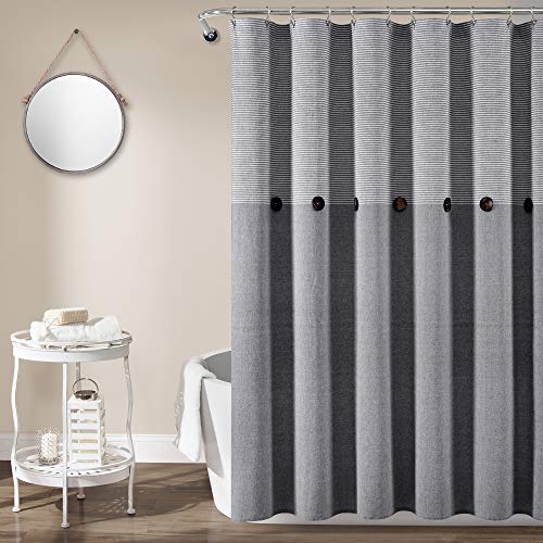 Lush Decor Tenda da doccia in cotone tessuto di lino grigio, a righe con bottoni, tinta in filo (183 x 183 cm)