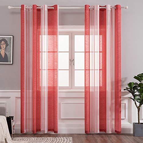 MIULEE Tende a Righe per Interni, Tende Trasparenti in Voile Tende Camera da Letto, Tenda Salotto Moderne con Anelli, Tenda a Pannello da Interno Finestra a Righe Bianche e Rosso, 2x 140x225 CM