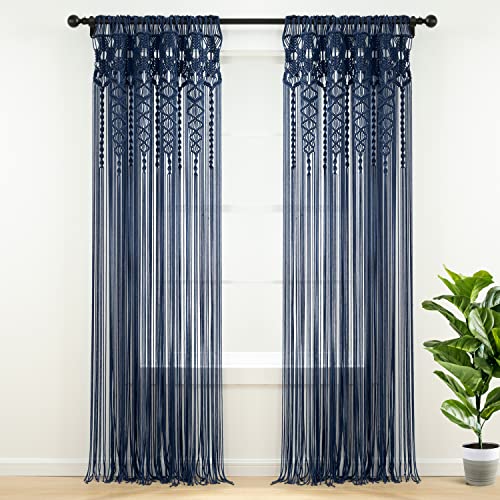 Lush Decor Tenda da finestra in cotone strutturato macramè bohémien/divisorio/porta/decorazione da parete, 213,4 cm di lunghezza x 101,6 cm di larghezza, blu navy