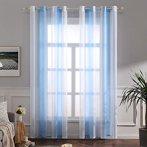 MIULEE Tende a Righe per Interni, Tende Trasparenti in Voile Tende Camera da Letto, Tenda Salotto Moderne con Anelli, Tenda a Pannello da Interno Finestra a Righe Bianche e Azzurro, 2x 140x245 CM