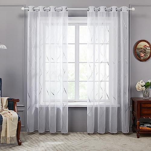 Deconovo Tende Camere da Letto Trasparenti in Voile Moderne 2 Pannelli, Tende Stampate con Linee per Finestre Cameretta Bambini con Occhielli, 140x245 CM Bianco-Linee